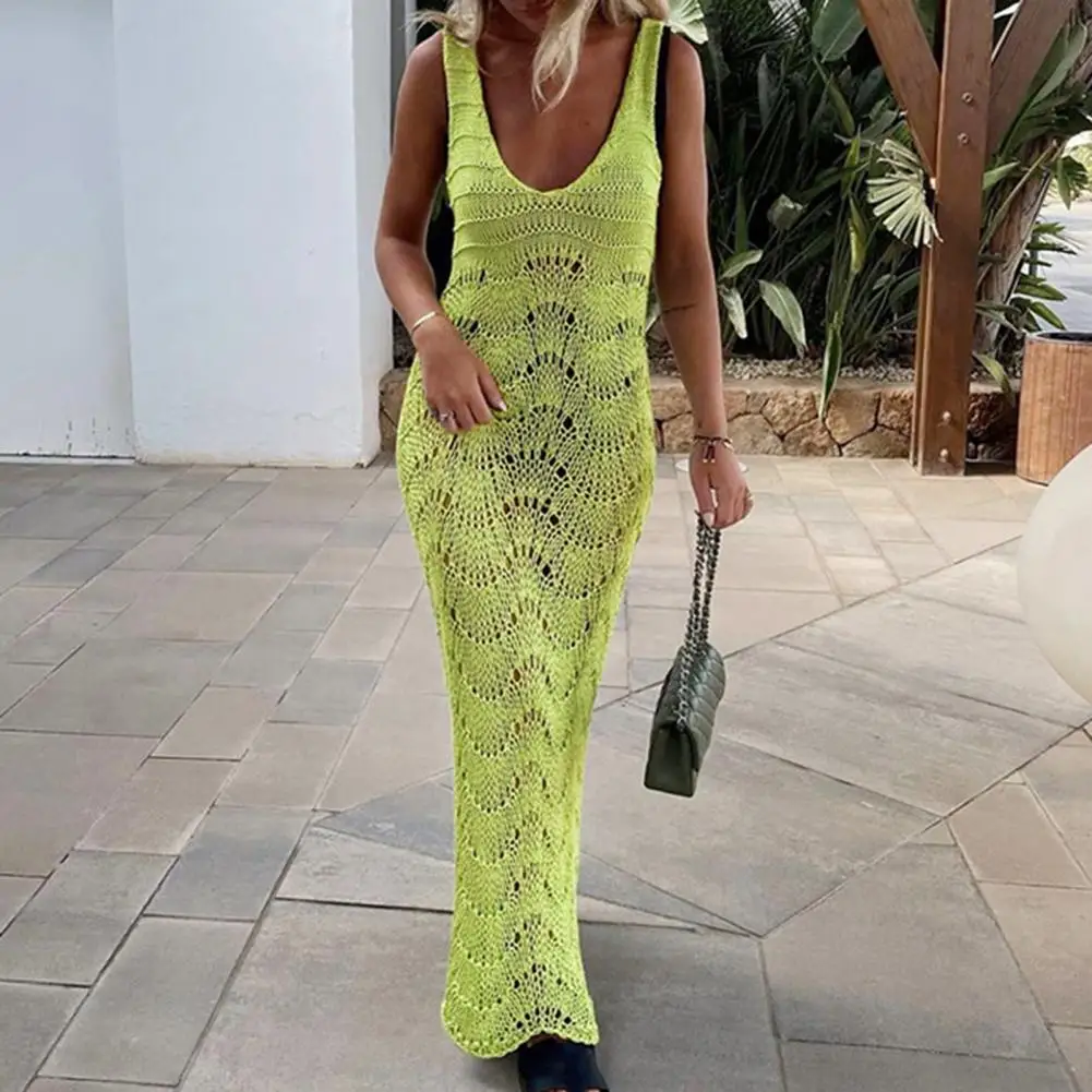 

Women Summer Beach Cover-up Hollow Out Sleeveless Slim Fit Low-cut V Neck Backless See-through Ankle Length Bikini Beach Maxi Dr