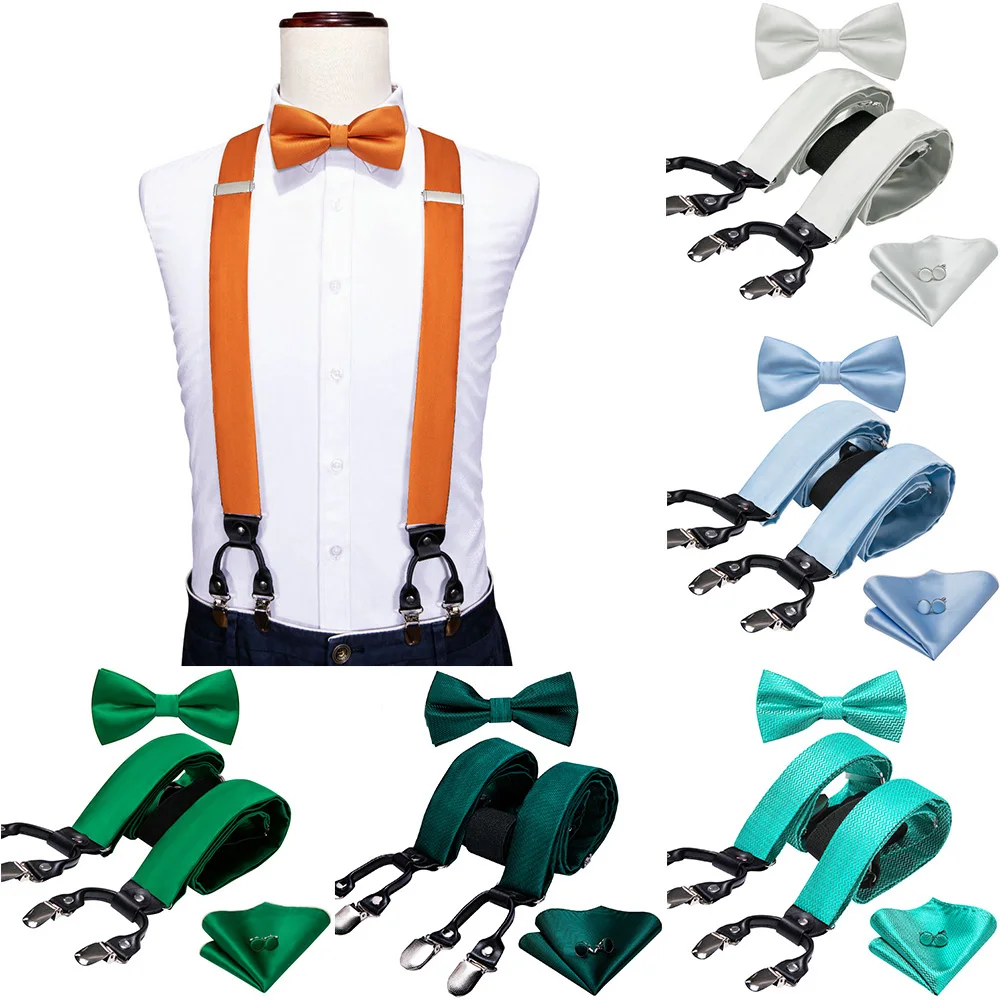 

Luxury Orange Suspenders For Men Novelty Silk Solid Adjustable 6 Clips Bowtie Kerchief Cufflinks Sets Wedding Party Barry.Wang