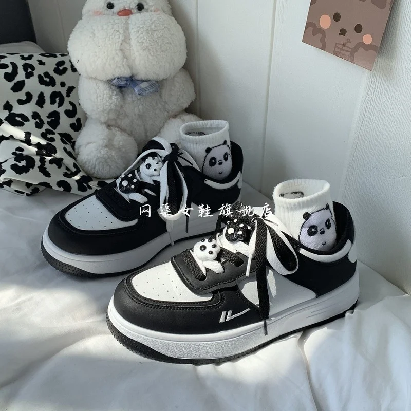 

HOUZHOU New Platform Flat Kawaii Lolita Women Sneakers Shoes Panda Black White 2022 Spring Korean Sports Vulcanize Tennis Basket
