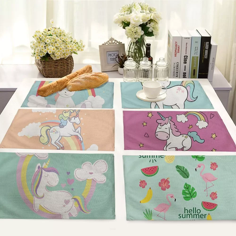 

2022New 1Pc Cotton Placemat Cartoon Animal Unicorn Fabric Table Mats Napkins Simple Design Tableware Kitchen Dining Pads