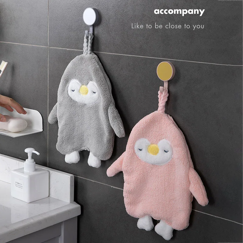 

1Pcs Multi Purposo Cartoon Penguin Towel Absorbent Hand Towel Soft Coral Kitchen Cleaning Cloth Hanging Type Kids Bathing Towels