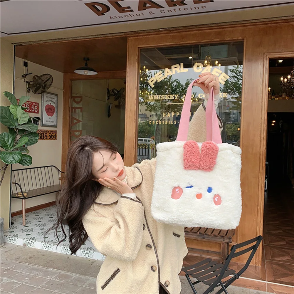 

Women Plush Fur Bag Rabbit Bear Handbag with Ear Large Capacity Top-handle Bag Soft Fur Autumn Travel Brand Designer Handbags