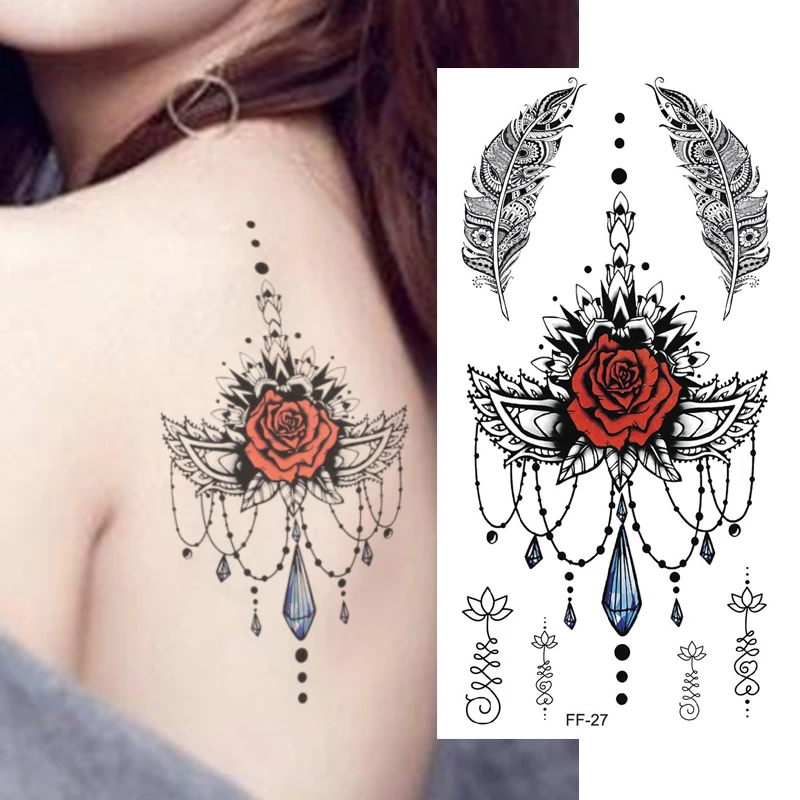 

HEALLOR Black Large Flower Fake Tattoo Sticker For Women Dot Rose Peony Temporary Tattoos DIY Water Transfer Tatoos Girls Cool
