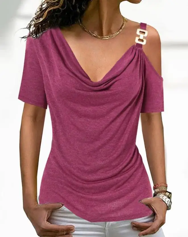 

Summer Women's Top Fashion Solid Color Ordinary Cold Shoulder Pleated Top Casual T-Shirt Street Clothing