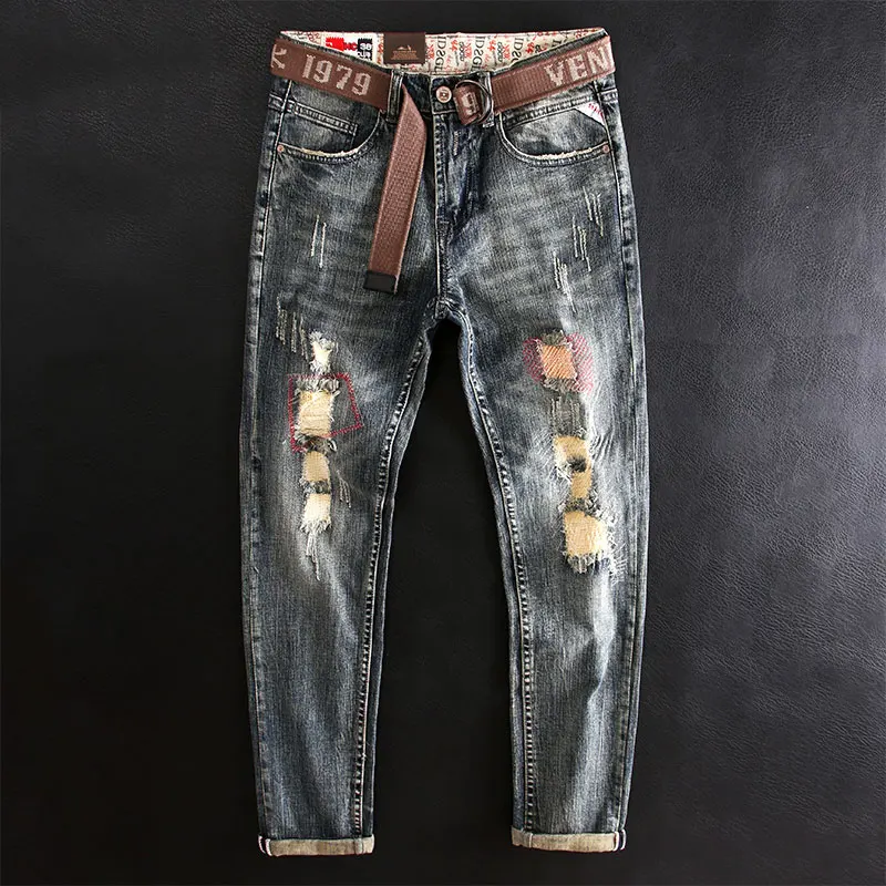

Jeans Pria Ala Jalanan Mode Vintage Jeans Sobek Pas Badan Elastis Retro Celana Hip Hop Bordir Desainer Pria