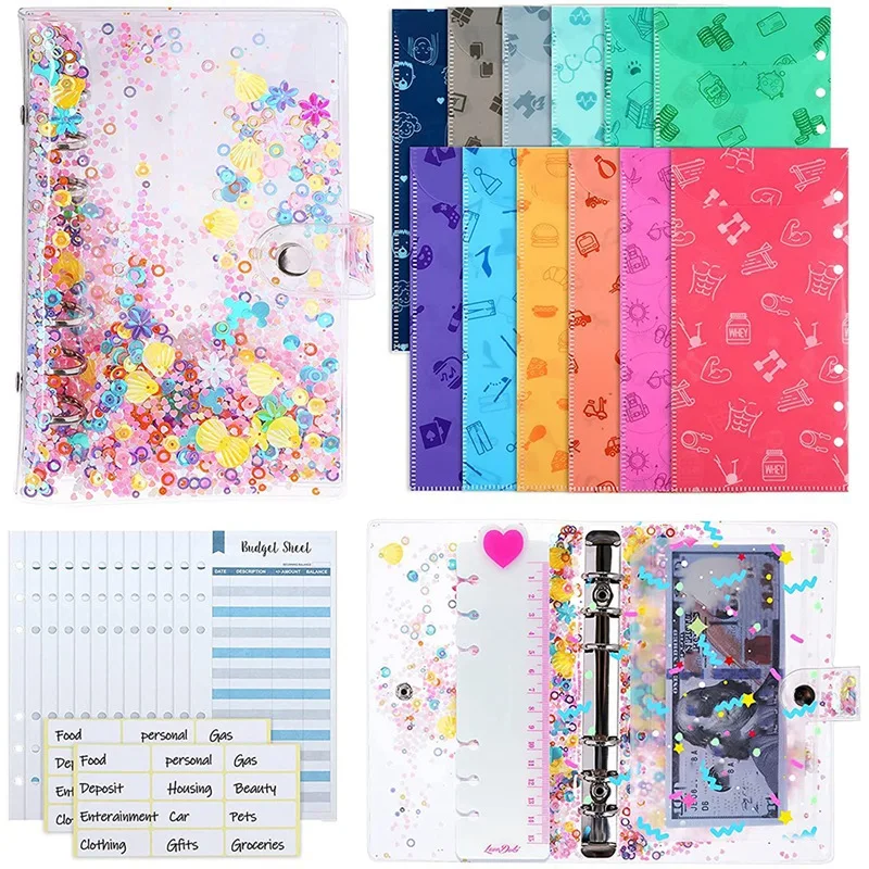 

Glitter A6 Colorful Budget Planner Binder Cash Envelopes for Budgeting Money Organizer Monthly Budget Paillette Notebook Set