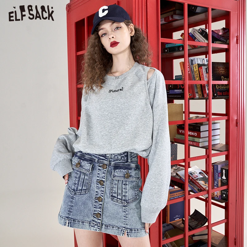 ELFSACK Gray Pullover Short Hoodies Women 2023 Spring Long Sleeve Casual Tops