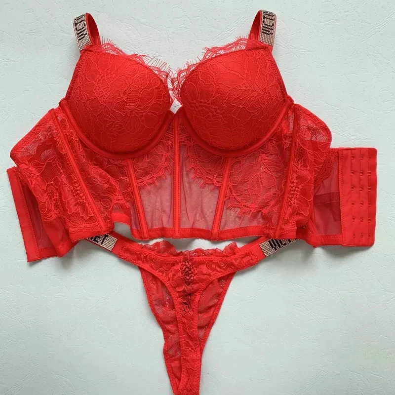 Sexy Secret Letter Rhinestone Bra Set Lace Underwear Lingerie Set Luxury design Women Push Up Thin Cup French Underwear