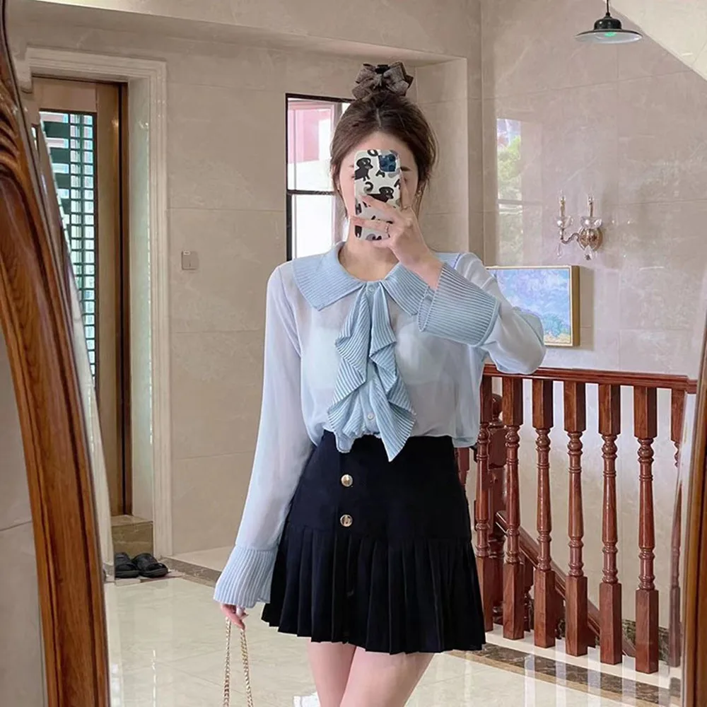 

Весенняя Новинка 2023, женская одежда UNIZERA, ламинированная декоративная полупрозрачная шикарная рубашка с круглым вырезом для женщин 3666067