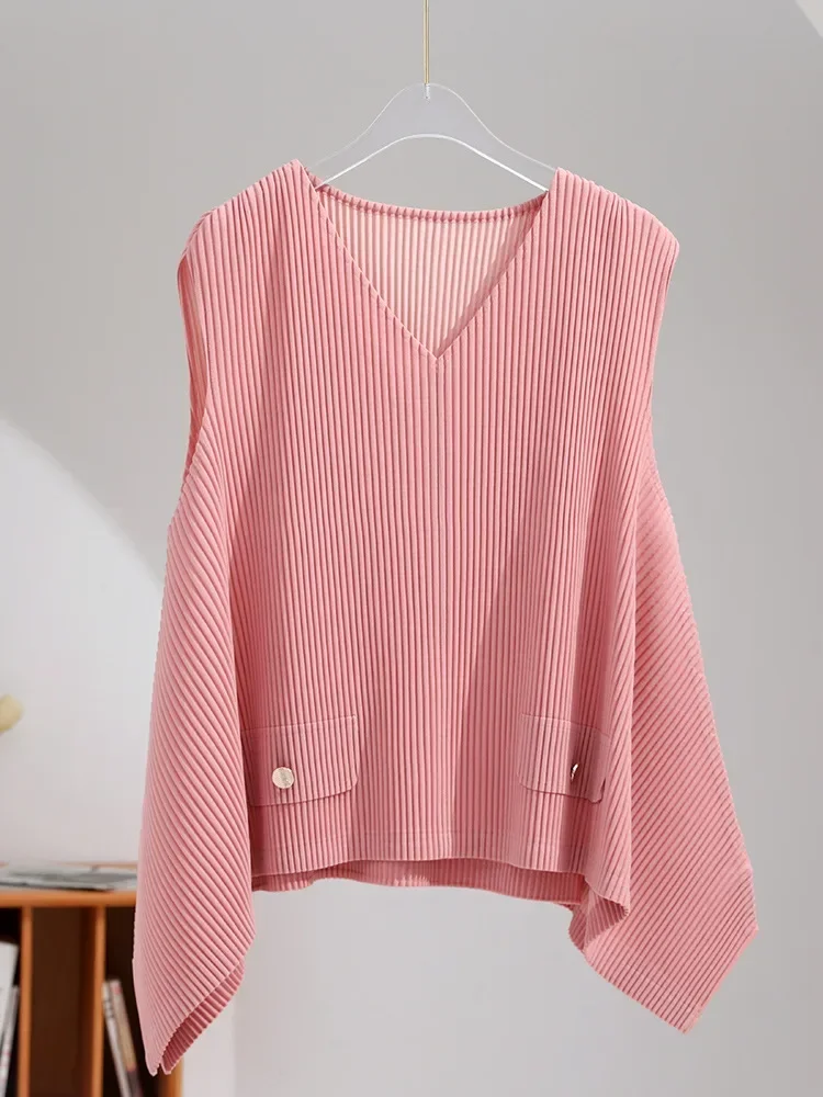 

Miyake-Women's Pleated Vest, Monochromatic V-neck Pullover, Casual Irregular, Large Swing Outer Top, Spring Autumn Fashion, 2023