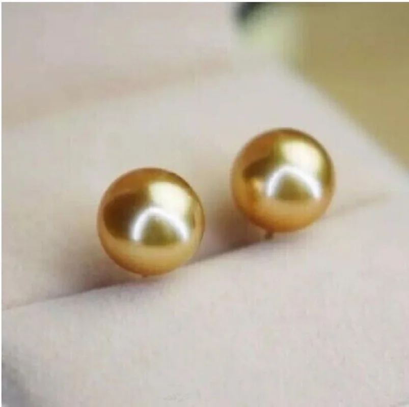 

Gorgeous Huge AAA+ 10-11mm Round South Sea Golden pearl earring 14kp Yellow Gold