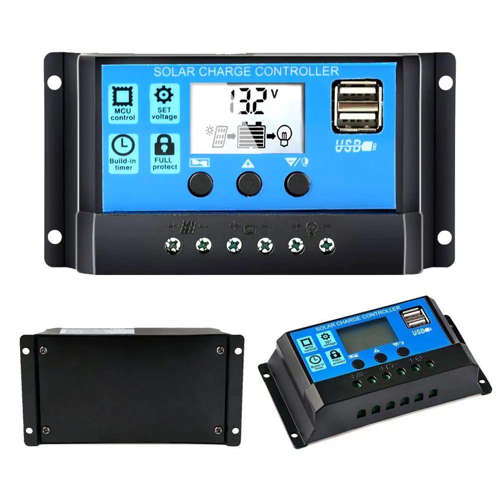 30A Solar Charger Controller 12V 24V Auto PWM Controllers LCD Display 5V Dual USB Output Controller