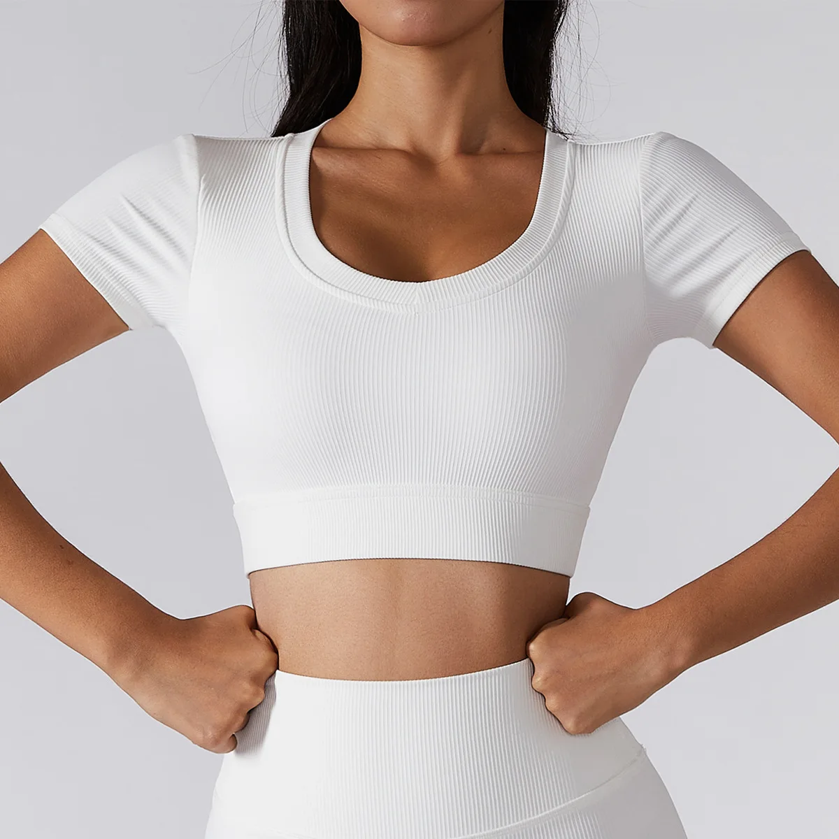 

Summer 2022 Women New Design Ribbed Active Wear Short Sleeves Crop Top
