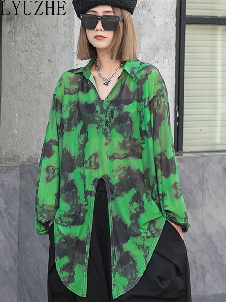 

LYUZHE Fashion Cool Contrast Color Lapel Light Mesh Irregular Split Shirt Women Spring Summer 2023 Loose Green ZXF080