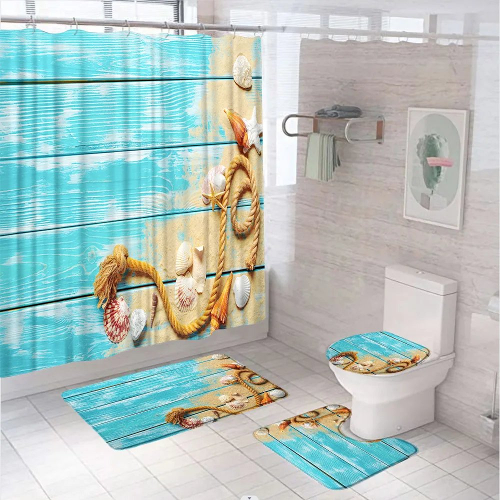 Занавеска для душа с морскими звездами ракушками и ковриком