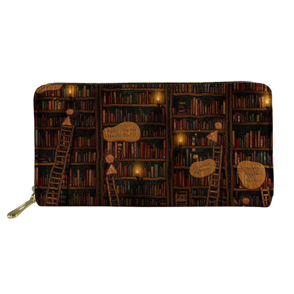 Animated Bookshelf Pattern Long Wallet High Quality Zipper Purse Lightweight Interior Slot Pock Unisex Swanky Clutch Bag Outdoor