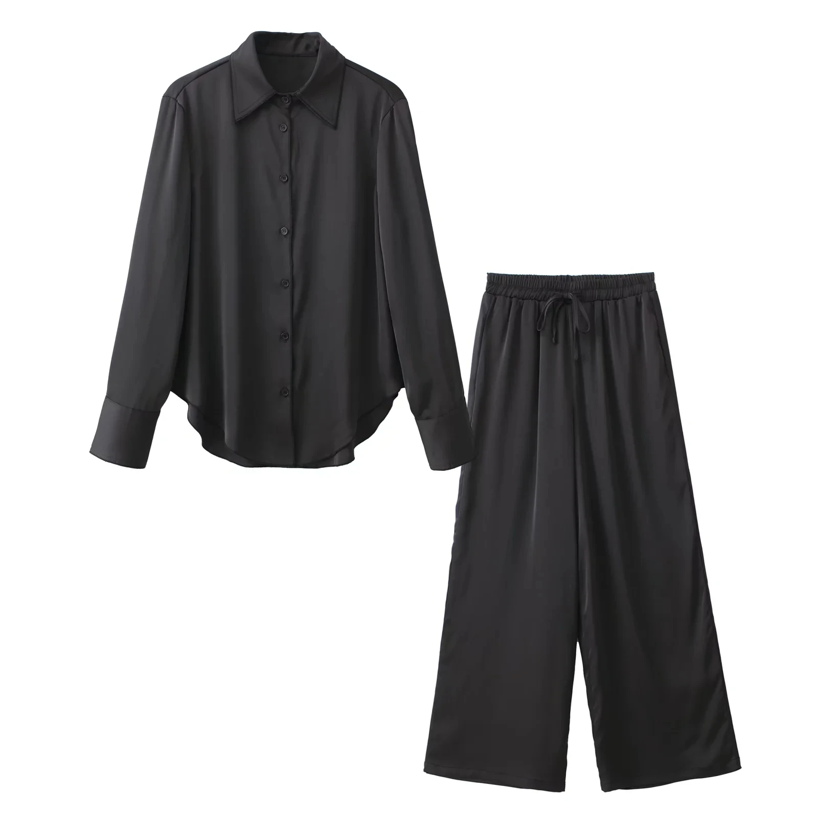 

Dave&Di 2022 Ins Fashion Blogger Satin Silk Vintage Kimono Loose Boyfriend Black Shirt Casual Blouse Harem Pants Women Sets