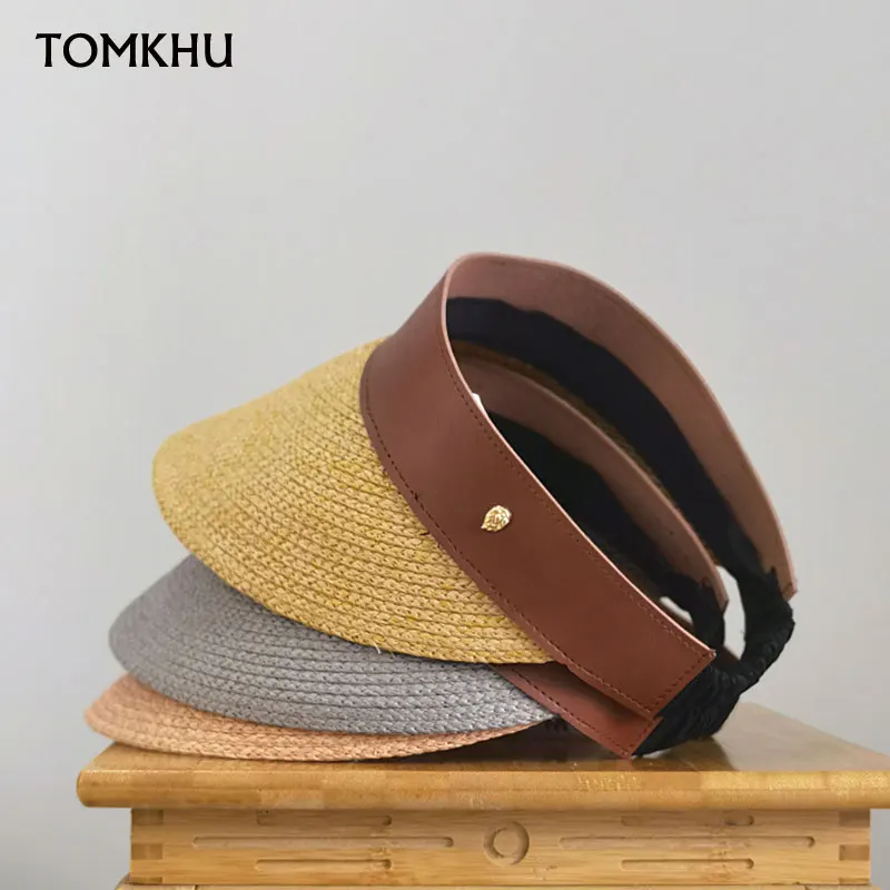 

Шляпа женская из ПУ кожи, Соломенная Панама с пустым верхом, Пляжная Панама в ретро стиле из рафии, модный дизайнерский японский козырек от солнца, весна-лето