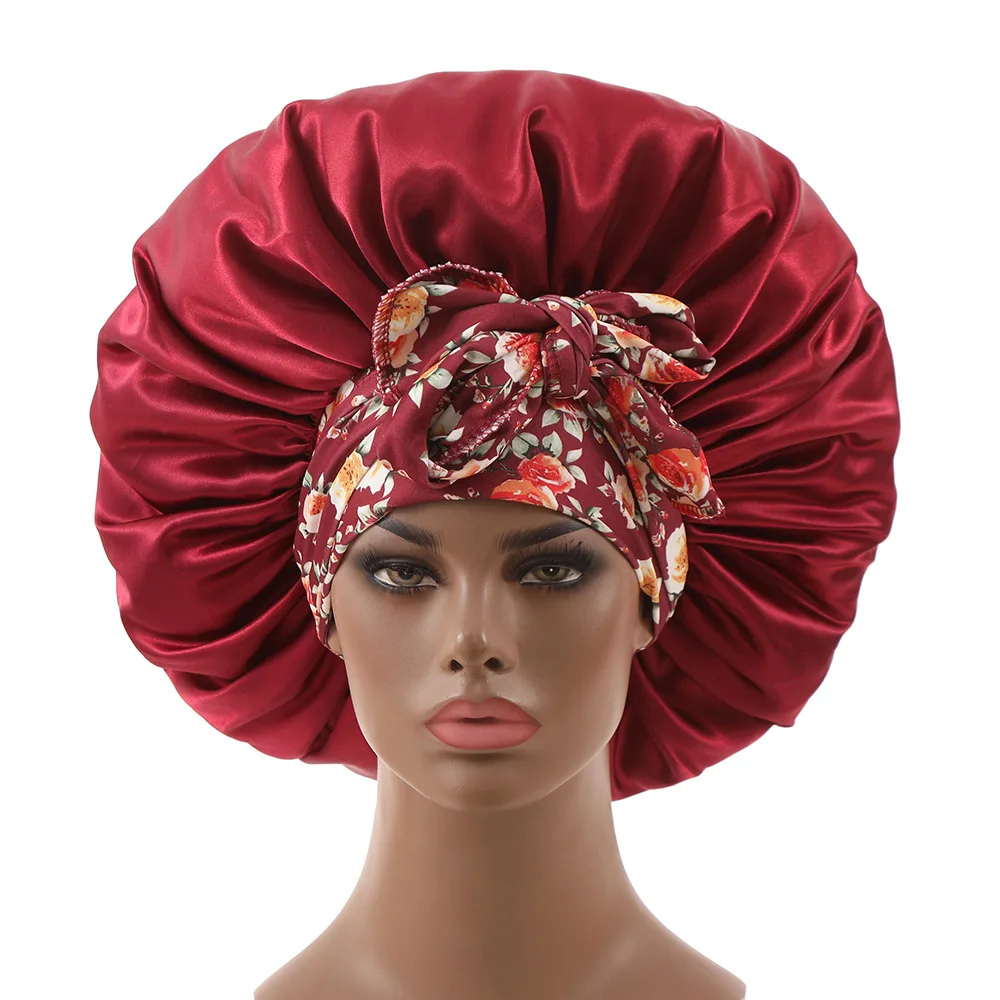 Extra Large Satin Hair Bonnet For Women Sleeping Cap African Pattern Ankara Print Long Tail Wide Stretchy Band Hat Bathroom Caps images - 6