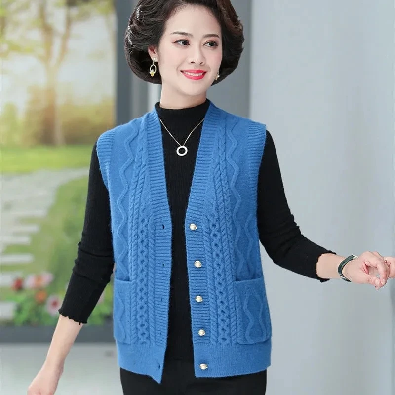 

Middle-Aged Women Knitted Vest Autumn Winter V-Neck Knitted Cardigan Vest Waistcoat Grandmother Coat Mother Sleeveless Vest Tops