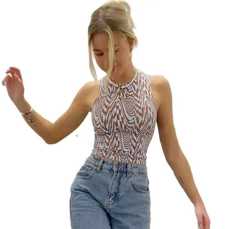 

Women's Clothing Printed Sexyinsround Neck Slim-Fit European and American Navel Vest