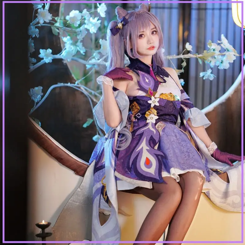 Игра Genshin Impact Keqing Косплей Костюм Парик Полный комплект Платье Комическое шоу