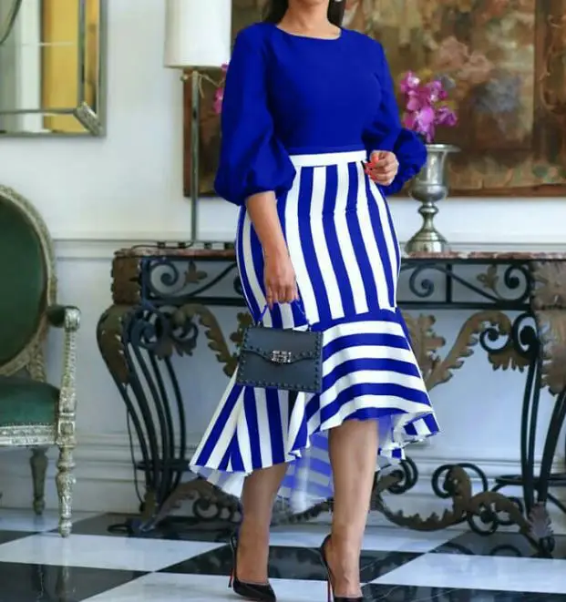

Cotton Blend New Medium Length Skirt 2023 Women's Casual Fashion Stripe Irregular Printing Spliced Fishtail Skirt Urban Style