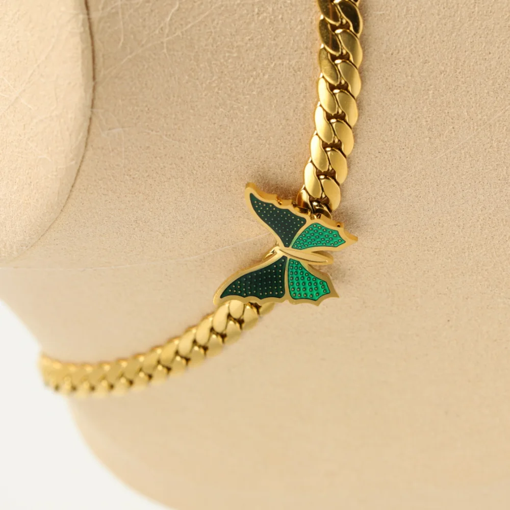 

KouCh Vintage 6mm Cuban Chains Green Butterfly Pendants Chain Choker 40+5cm Exquisite Thick Necklaces Gothic Luxury Girl Jewelry