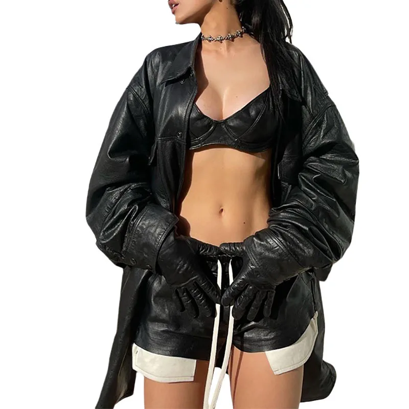 Summer New Women's Package Hip Tight Shorts Faux Leather Lace-up High Waist Casual Bump Color