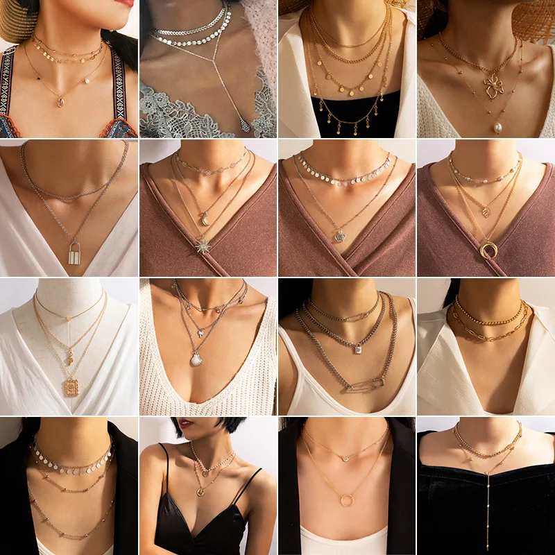 

New 2022 Pearl Flower Multilayer Necklace With Geometric Metal Disc Triple Layer Choker