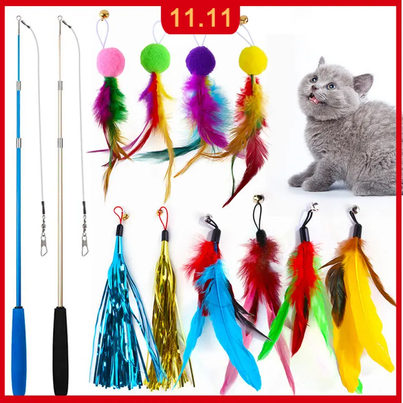 

12pcs Funny Cat Toy Set Kitten Cat Teaser Interactive Toy Rod Colorful Feather And Caterpillar Toys Adjustable Cat Accessories