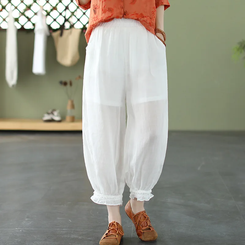 

Summer Bloomers Pants For Women Casual Elastic Waist Ramie Loose Trousers Female Streetwear Solid Color Trousers Embroidery