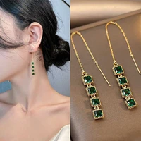 luxury jewelry square emerald drop earrings for women geometric green rhinestone long tassel dangle earring girl wedding gift