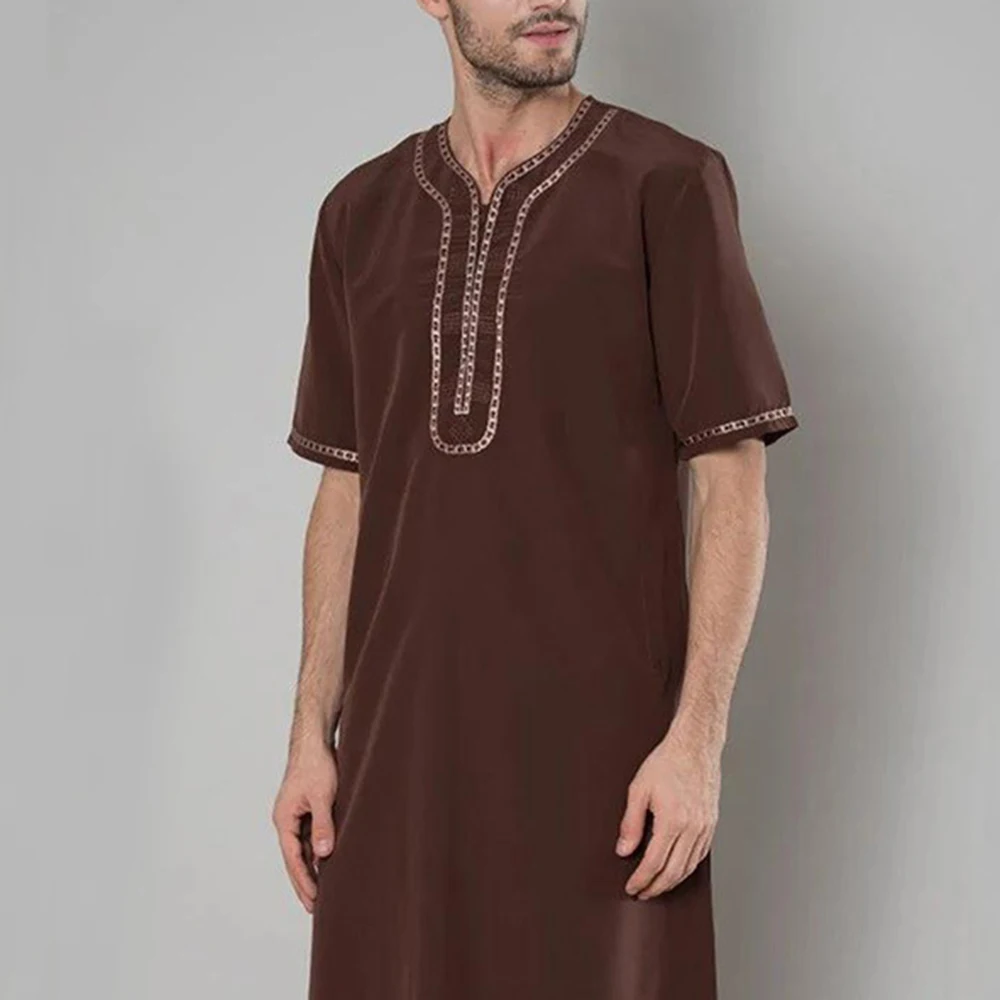 Men Islamic Arabic Kaftan Muslim Clothing Medium Sleeve Simple Abaya Robes Fashion Saudi Arabia Dubai Mens Jubba Thobe