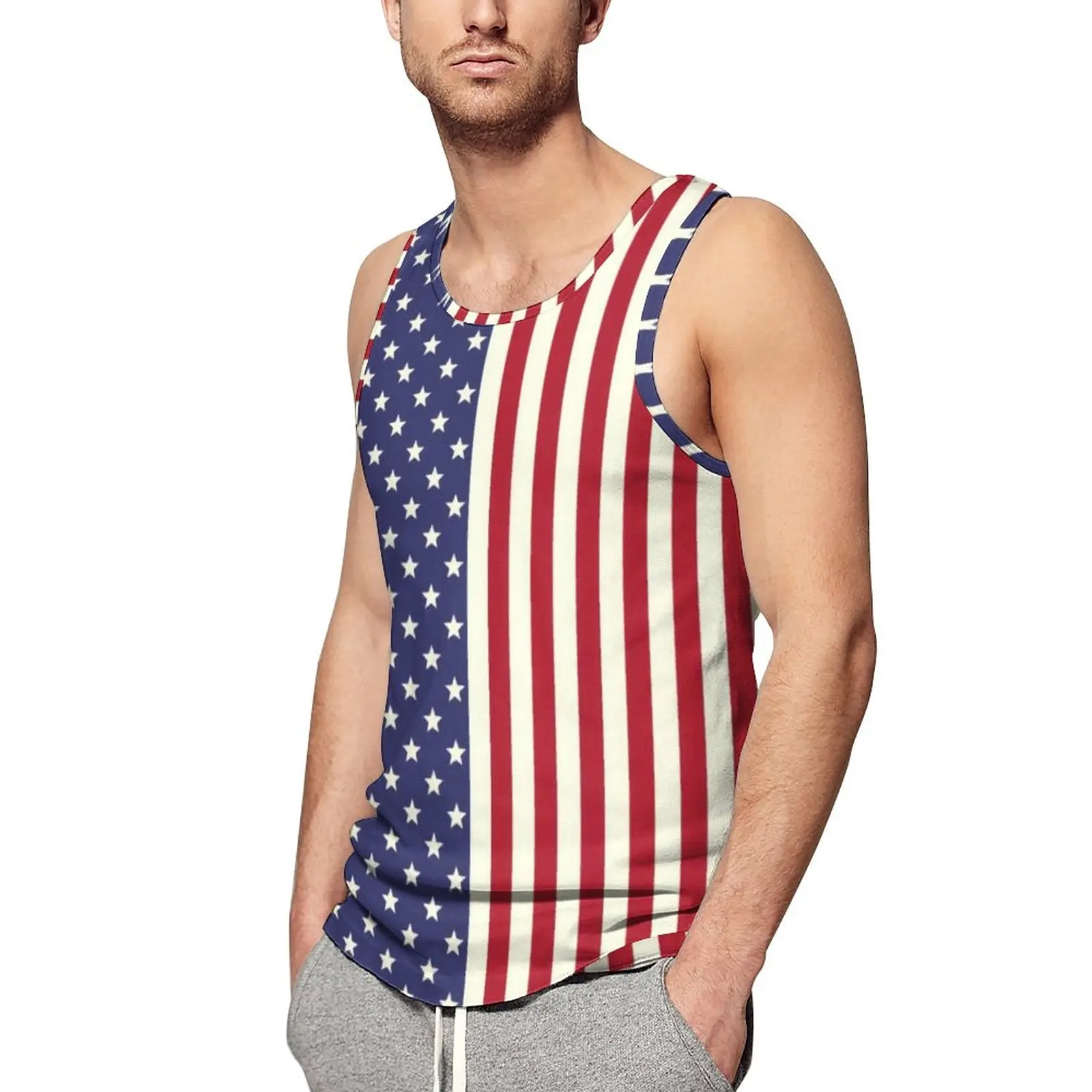 

American Flag Patriotic Tank Top Two Tone Stars Print Trendy Tops Summer Bodybuilding Man's Sleeveless Vests Plus Size 4XL 5XL