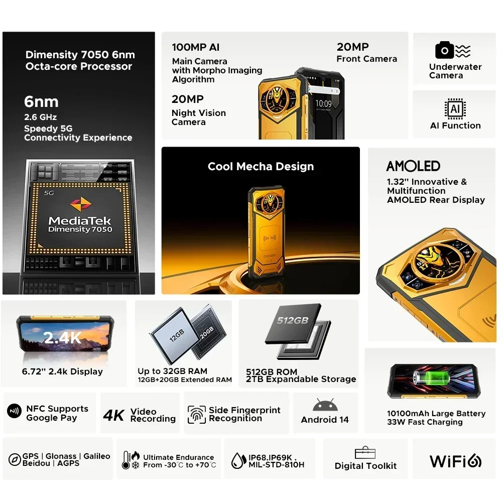 Прочный смартфон DOOGEE S200 X 5G Android 14 12 ГБ ОЗУ 512 ПЗУ 10100 мАч аккумулятор 100 МП 33 Вт 6 7