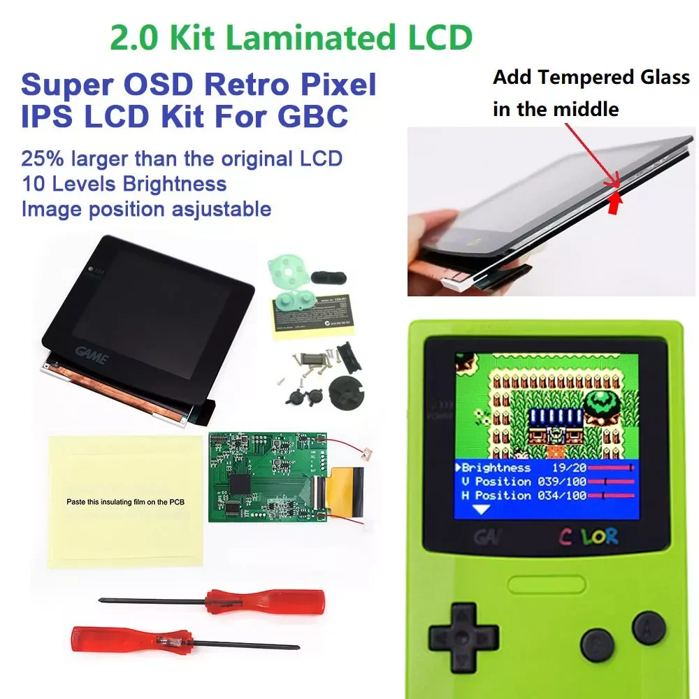 

V5 OSD Menu GBC RETRO PIXEL IPS LCD 2.0 Kit Laminated Screen Backlight High Light For GameBoy Color With Pre-cut Shell