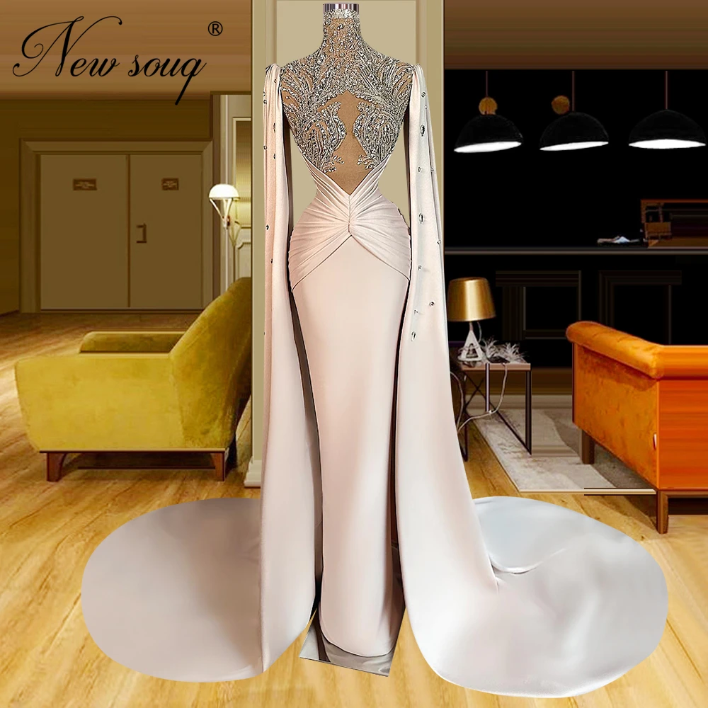 

Unique Design High Neck Celebrity Dresses With Long Sleeves Party Gowns Middle East Rhinestone Mermaid Evening Dresses فستان سه