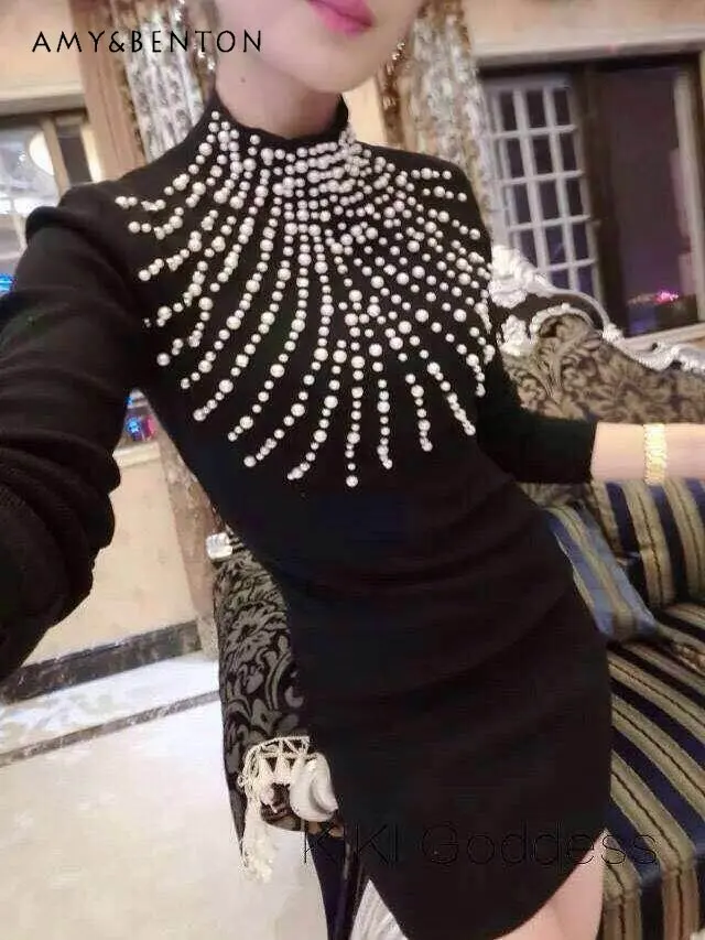 

New Autumn and Winter Oversize Fat Sweet Princess Half Turtleneck Slim Fit Beaded Bottoming Dress for Women Black Casual Dress