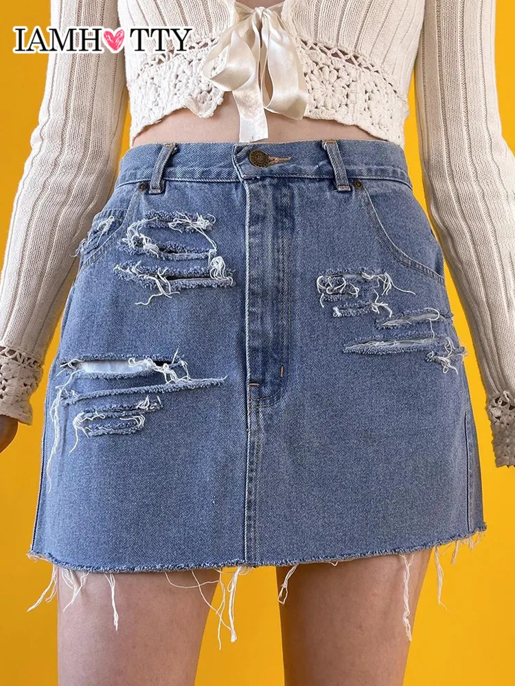 

IAMHOTTY Ripped Denim Skirt Women High-waisted Straight Jean Skirts Fairycore Grunge Vintage Skirt Casual Korean Street Outfit