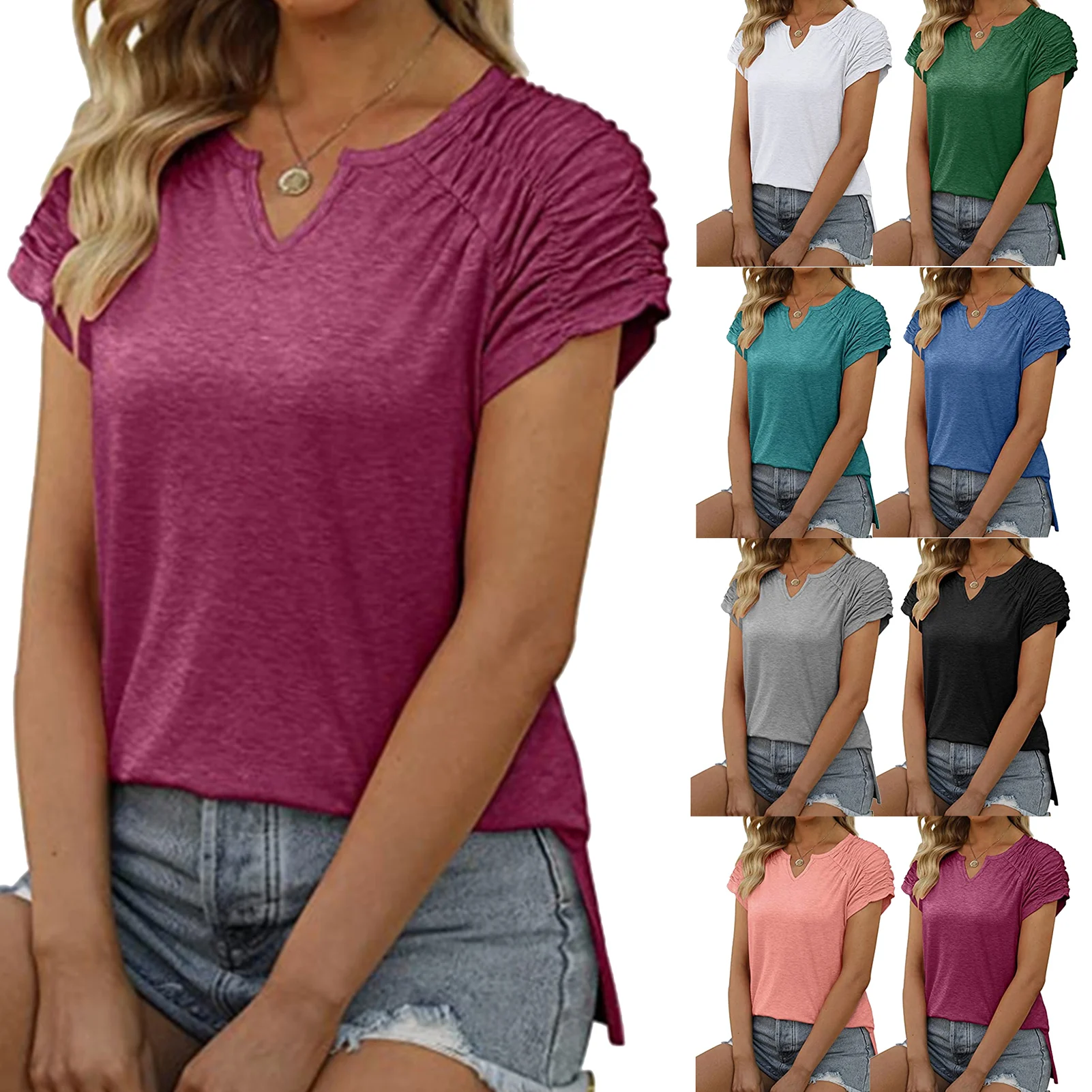 

Summer Simple T-shirts Sleeve Pull Rubber Band Fashion T-shirts Loose V-Neck Streetwear for Girls Shopping Party