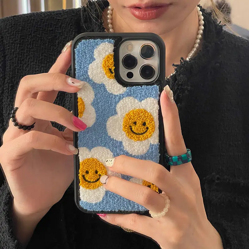 

Plush Embroidery Sun Flower Soft Case For iPhone 13 12 11 Pro Max X XR XS 7 8Puls Lovely Protection Cover