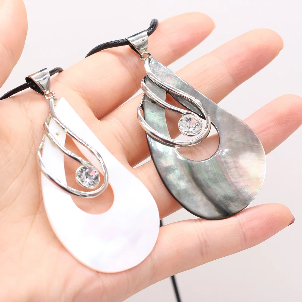 

New Style Natural Shell Necklace Drop-Shaped Drill Pendant Leather Cord 2MM Charms For Elegant Women Love Romantic Gift