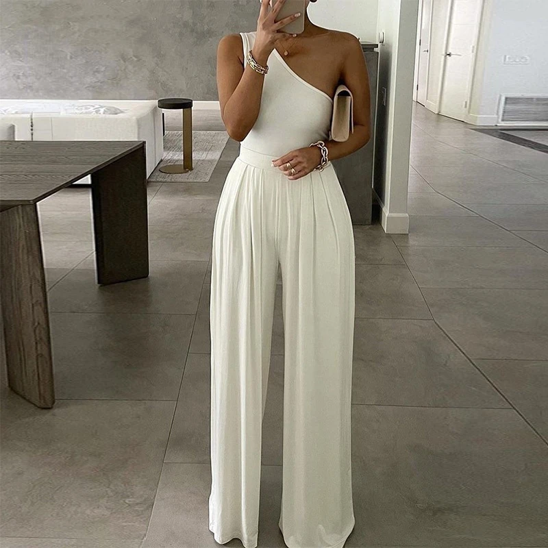 

Women Jumpsuit Summer Sexy One Shoulder Bodysuit Bodycon Romper 2021 Elegant Office Soild Sleeveless