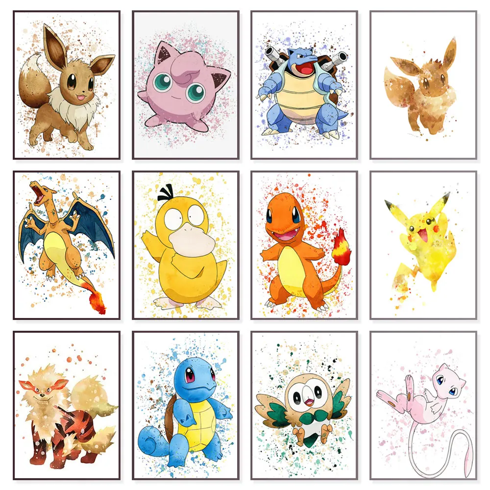 

Anime Peripheral Pokémon Poster Eevee Canvas Painting Wall Art Spotted Watercolor Kawaii Picture Mural for Kids Girl Room Decor