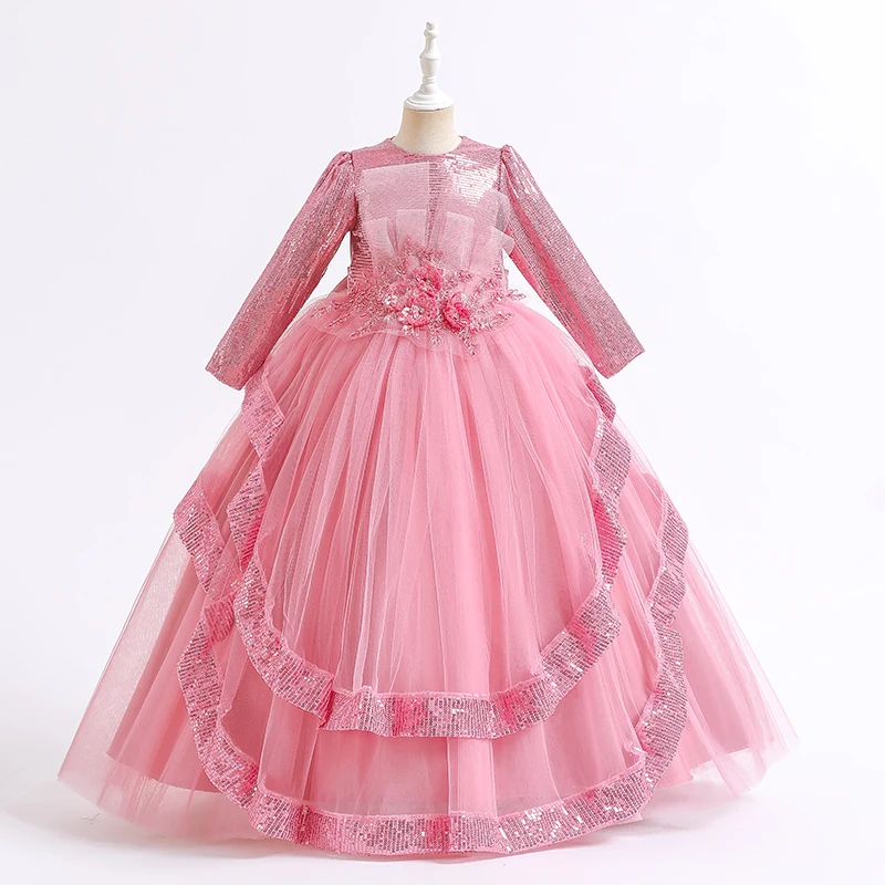 

Платье для девочек с длинным рукавом, блестками и бантом