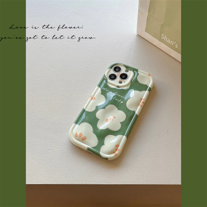 

For Iphone 14Promax 2023 New Ins Net Red Korean Flower Petal Green 3D Mobile Phone Soft Case 14Pro 13Promax 12 11