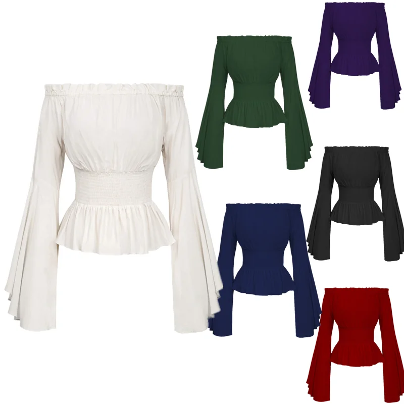 

Блузка женская с открытыми плечами, рубашка в стиле ретро, стимпанк, пират, средневековый косплей, стиль ретро, эпохи Возрождения