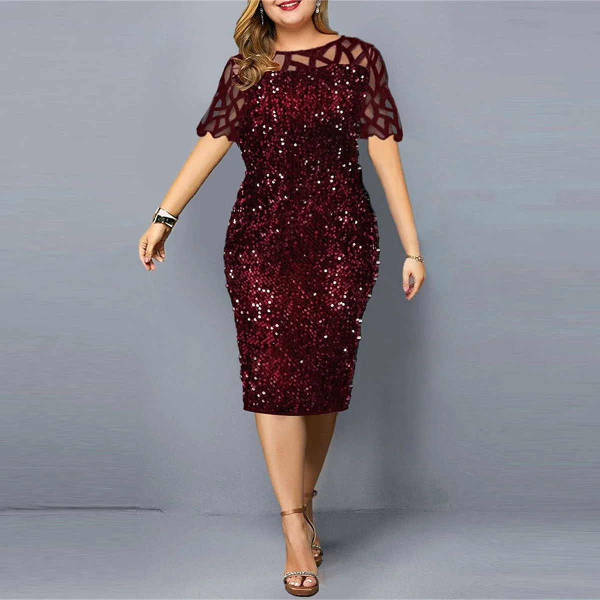 Plus Size Women's Dress Sequin Short Sleeve Dress 2023 New Summer Fashion Solid Color Round Neck Mesh Slim Large Dresses