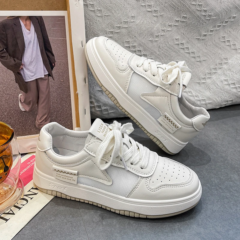 

New Sports Shoes Female Solid Color Lace-up Flat Small White Shoes Thick-soled Round-toed Sneakers Schoolgirls Sneakers Mujer